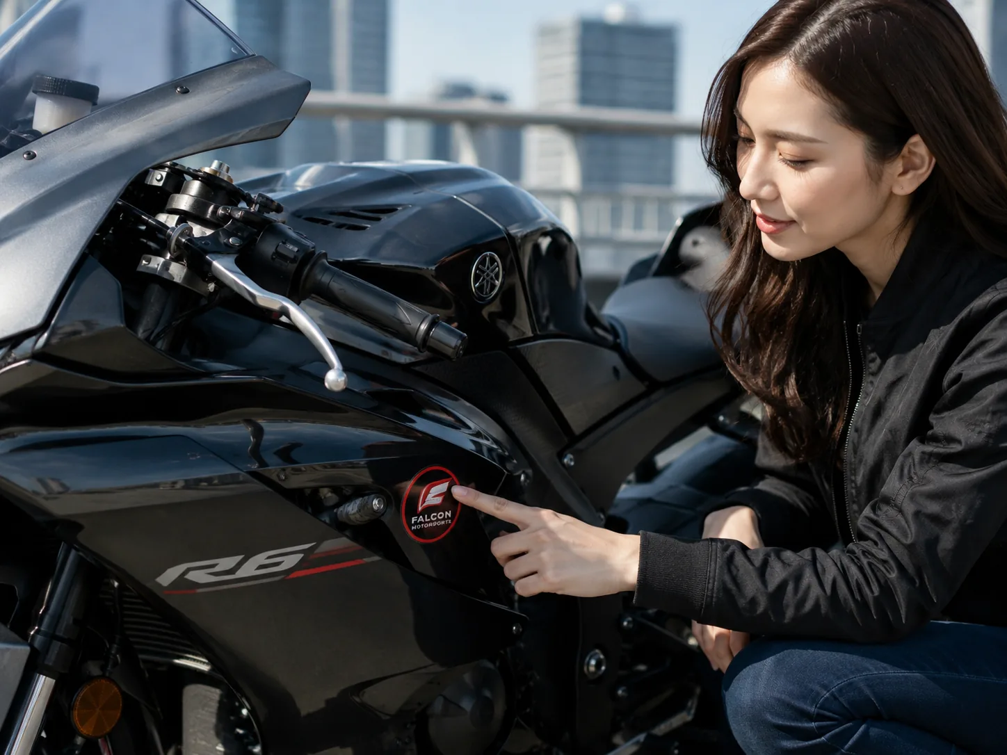 バイクのカウルに貼ったオリジナルステッカーの使用イメージ