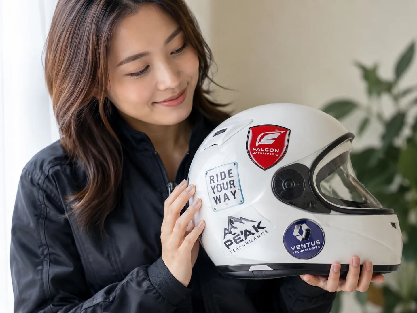 ヘルメットに貼ったオリジナルステッカーの使用イメージ